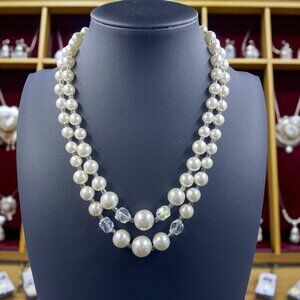 Vintage Japan Double Strand Faux Pearl Necklace Aurora Borealis Beads‎ Elegant